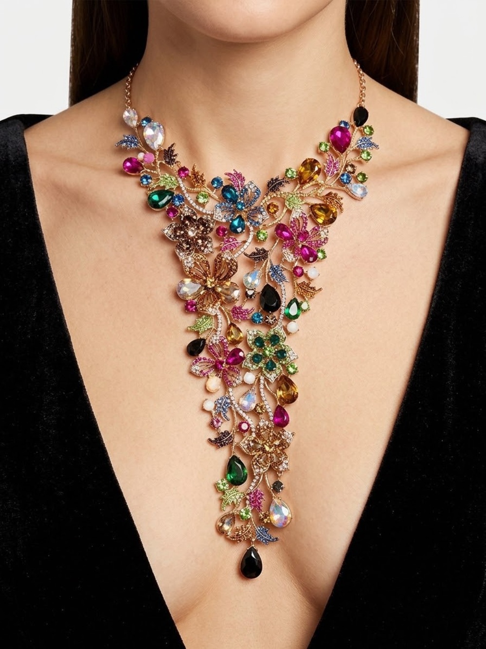 Christian Siriano Multicolor Floral Crystal Bib Necklace